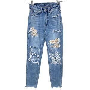 American Eagle Mom Straight Jeans 000 Strigid Distressed Floral Patch Boho Retro